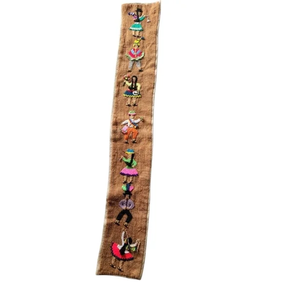 Wool Embroidered Folk Art Wall Banner Vintage Musicians and Dancers Novelty