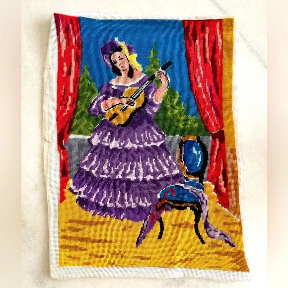 Vintage Needlepoint Completed Lady W/Guitar Hat Not Framed Clean Colorful Craft
