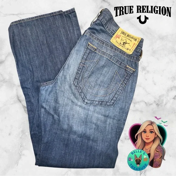 True Religion Jeans Men 34 Bobby Bootcut Loose Fit Light Wash VTG USA Logo 36x33