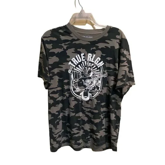 True Religion Men's Size L Green Camo Arch‎ Logo Crew Neck Tee