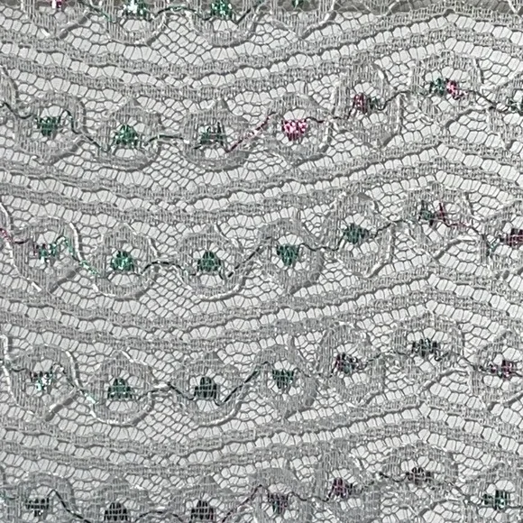 White Tulle Fabric Embroidered Pink Green Metallic Details 24