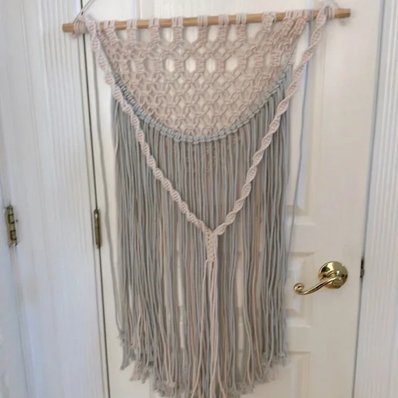 Macrame Wall Hanging, Hand Made, Reversible Light Blue/ Beige On Wood Rod