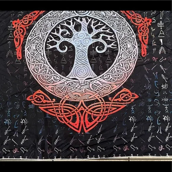 Black White and Red Nordic Norse Mythology Ruins Large Tapestry
