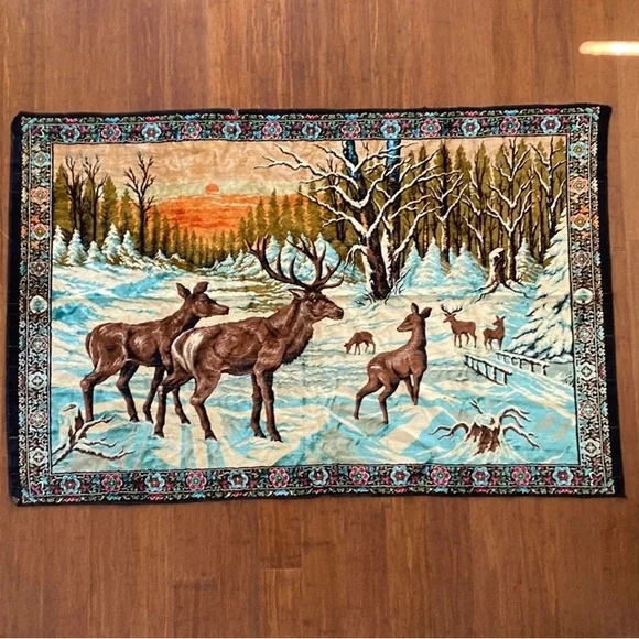 Tapestry Deer Winter Scene Wall Hanging Carpet‎ Size 75 X49
