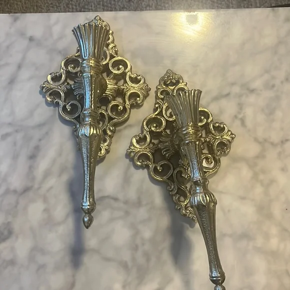 Vintage Gold Tone Ornate metal Hollywood Regency wall Hanging pair candlestick