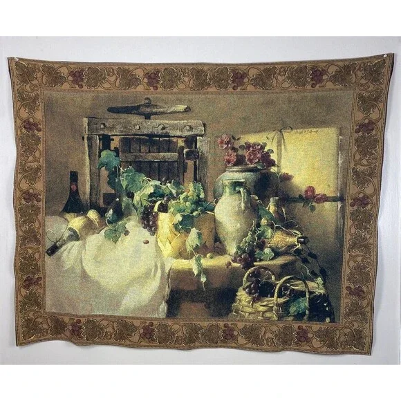 Tapestry Panel Wall Hanging Wine Grapes Pots Old World Tuscany 51 in x 38 in