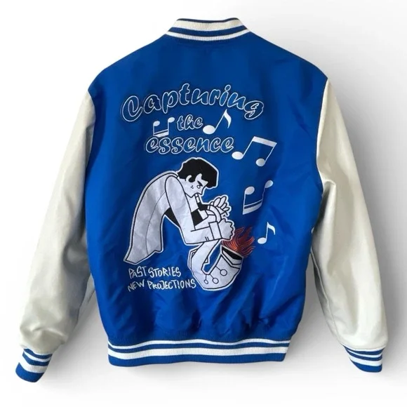 Zara Capturing The Essence Varsity Bomber Jacket Mens M Blue Graphics Academia