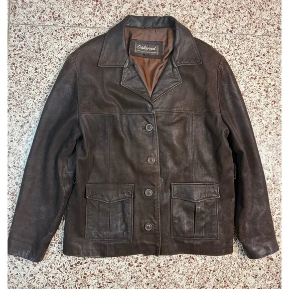 Oakwood Classic Mens Brown Leather Jacket Vintage Button Front Coat Large