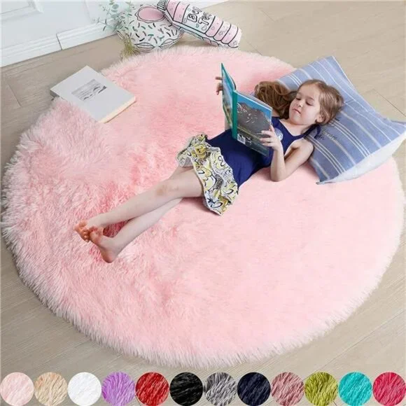 Pink Round Fluffy Rug 4ft Washable Shag Carpet for Girls Bedroom Kids Room