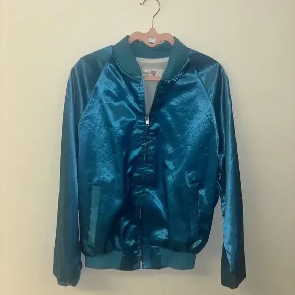 King Louie Pro‎ Fit Teal Satin Bomber Jacket Candle Power Connect Kerrville Cali