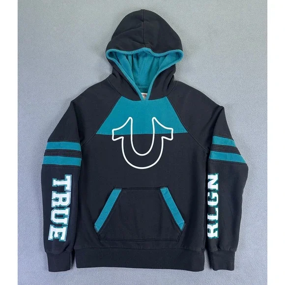 True Religion Hoodie Adult Medium Black Teal Logo PNL Sleeve Logo
