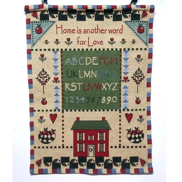 Vtg Wall Hanging Tapestry House Home school Scene 26.5