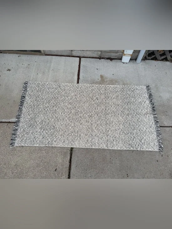 Modern Boho Blue & White Geometric Rug with Fringe