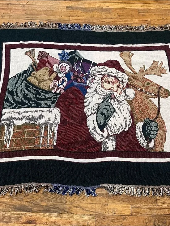 Festive Santa & Reindeer Holiday Throw Blanket - Burgundy/White Hallmark INC