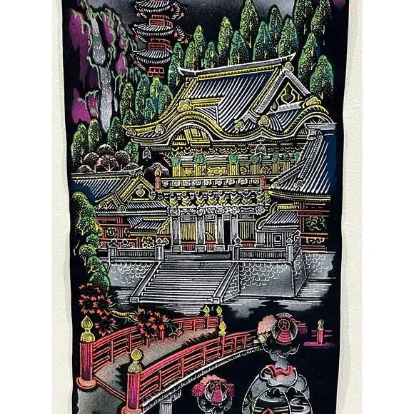 Japanese Wall Scroll Temple Scene Textile Art Hanging Asian Decor Made in Japan