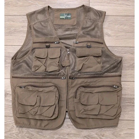 OUTDOOR MESH FLY FISHING VEST KHAKI UTILITY CARGO MEN'S SIZE LARGE EUC
