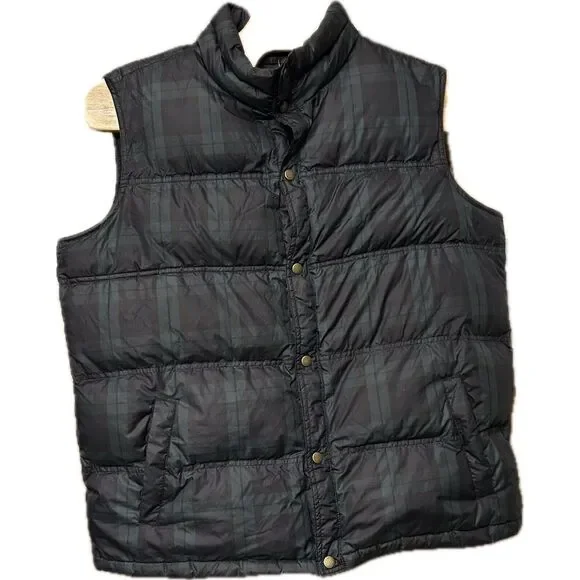 Lands End Puffer Vest Mens XL Green Navy Goose‎ Down Feathers Holiday Christmas