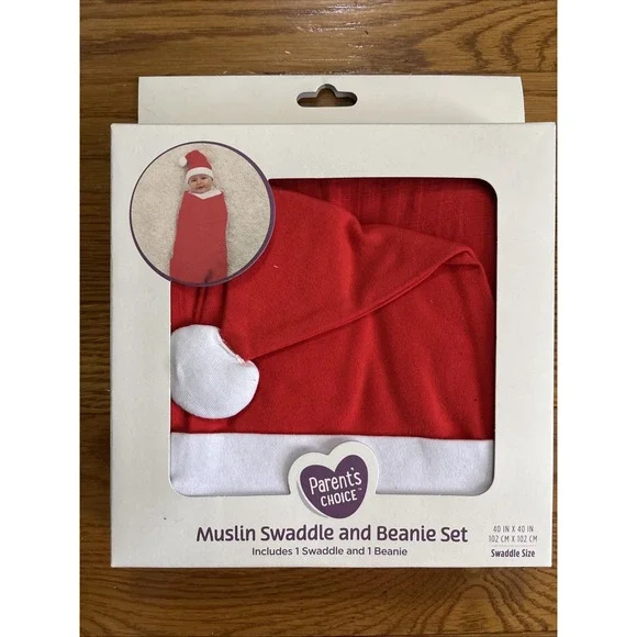 Red White Santa Parent's Choice Infant Muslin Swaddle & Beanie Set NEW 40