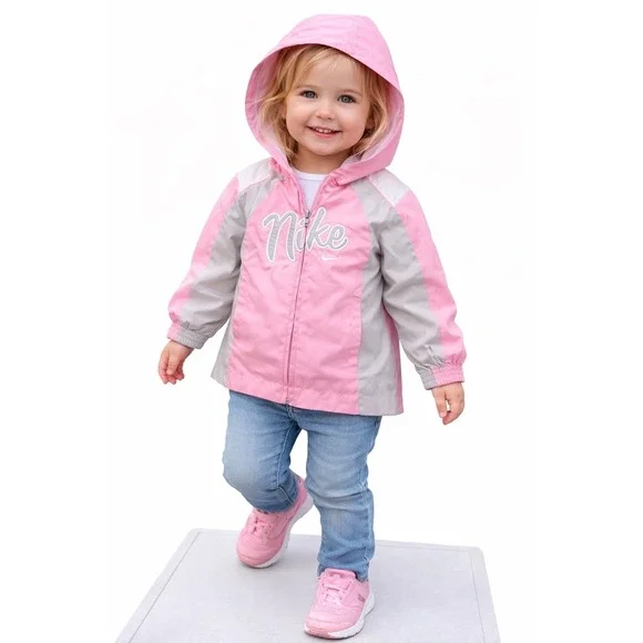 Nike Girls Pink Grey Windbreaker Jacket Hooded Mesh Lined Full Zip 3T