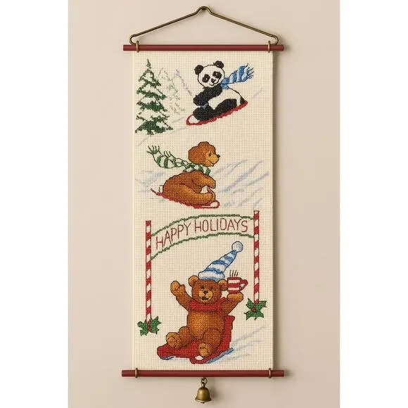 Vintage 1986 Traditions Cross Stitch Kit Racing Bears Holiday Bellpull Sealed