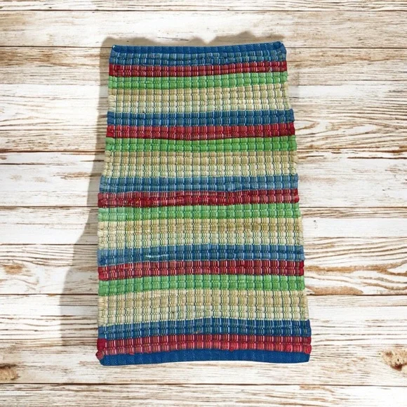 Vintage Thick Handwoven Throw Rug Striped Red White Blue Green Tan 30”x 18”