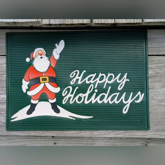 Vintage Waving Santa Claus Happy Holidays Door Mat Red And Green