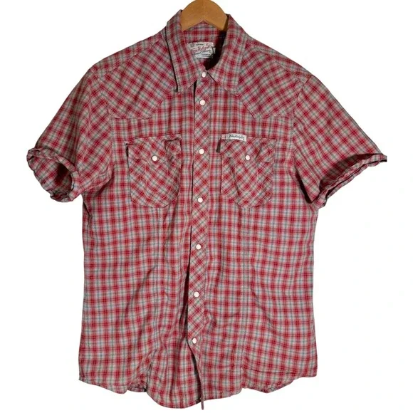 True Religion Men's Rocky Short Sleeve Pearl Snap Plaid Western Shirt Red XL