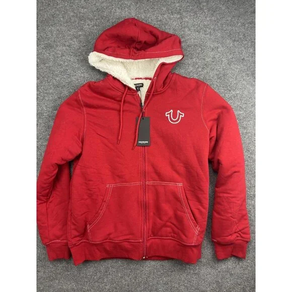 True Religion Hoodie Mens Medium Red Sherpa Lined Full‎ Zip Fleece Sweatshirt