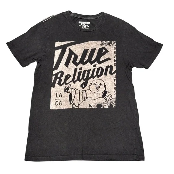 True Religion World Tour T Shirt Mens Small Black Graphic Print Short‎ Sleeves
