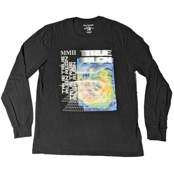 TRUE‎ RELIGION Hurricane Long Sleeve Black Graphic T-Shirt - Men Medium EUC