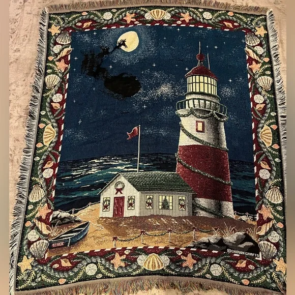 Crown Crafts Tapestry Throw Blanket Christmas St. Nick Lighthouse Sleigh