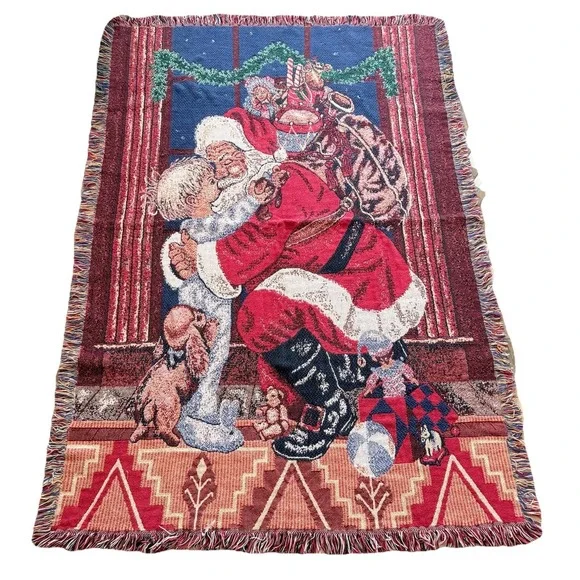 Vintage Santa Claus‎ Woven Tapestry Throw Blanket Christmas Fringe 42x62