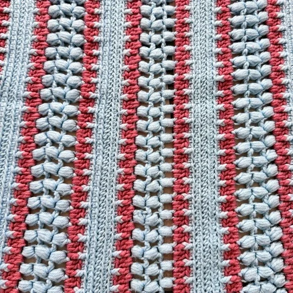 Hand‎ Crocheted Striped Afghan Blanket Scalloped Edge Blue Pink 50x65