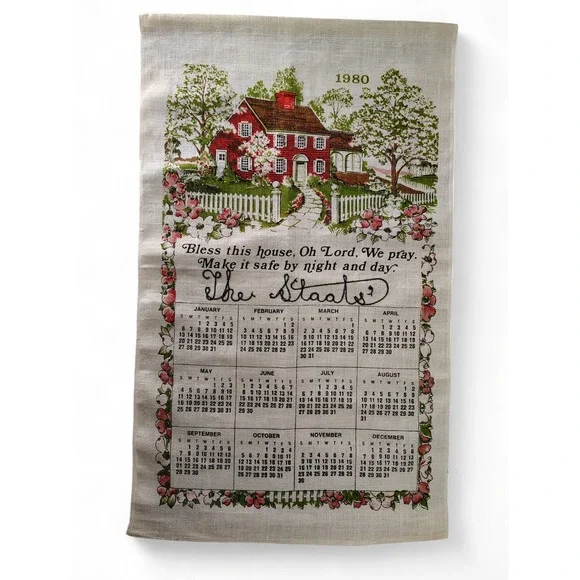 Vintage 1980 Fabric Calendar Bless This House Wall Hang Decor Cottagecore‎