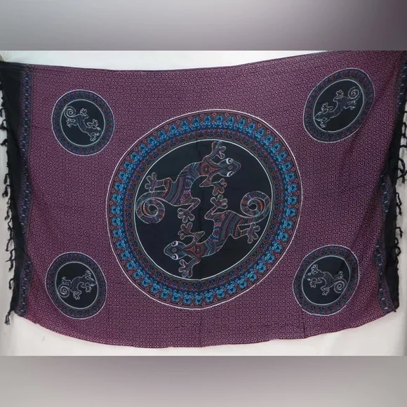 Boho Handmade Indonesian Mandala Lizard Fringe Tapestry/Sarong - 46”x60”
