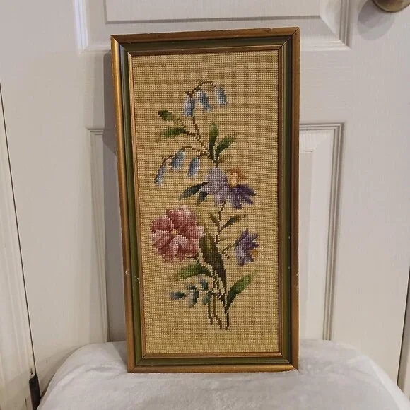 VTG MCM Floral Framed Needlepoint Embroidered Tapestry Weaving 18x 9 Cottagecore