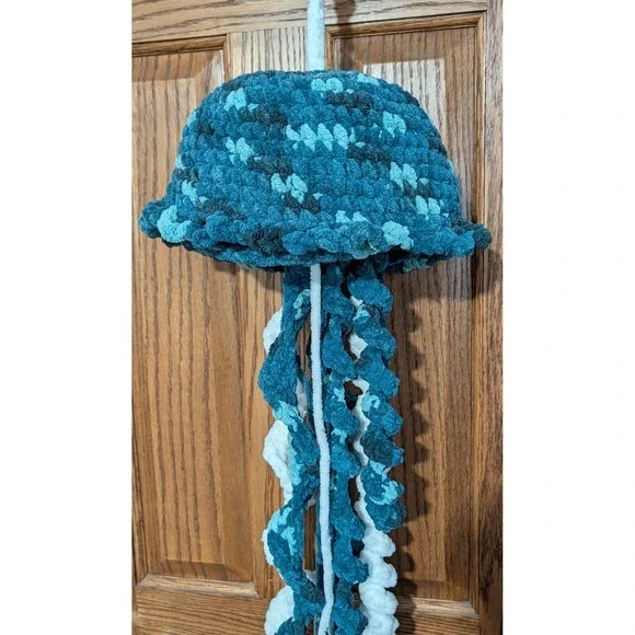Handmade Crochet Plush Jellyfish Wall Hanging Ocean Decor Blue Teal White