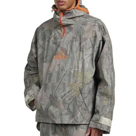 Adidas Camo Jacket Q1 Mens M Gray Hooded Anorak 1/4 Zip Lined Outdoor JD5418