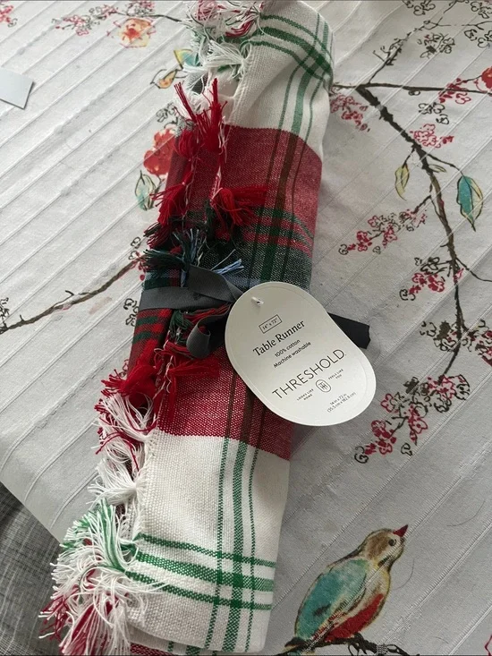 Threshold Red, Green & White Plaid Fringe Table Runner