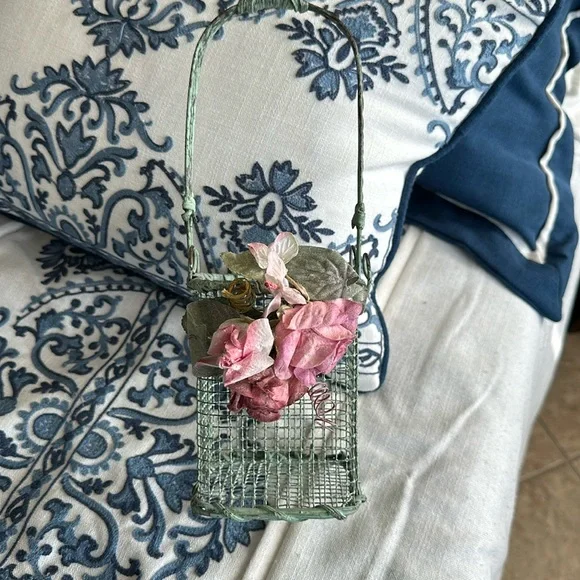 Lovely sage green wired basket w pink roses wrapped handle very Romantic piece