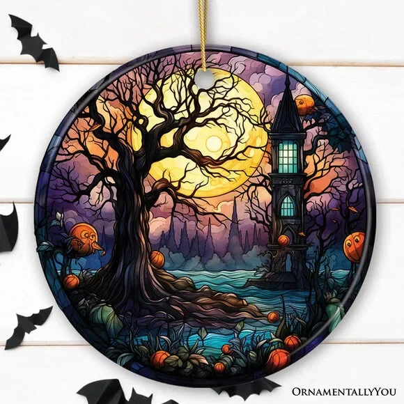 Spooky Tree & Haunted House Stained Glass Style Ceramic Ornament, Halloween The