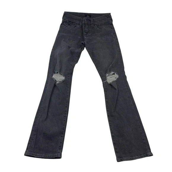 True Religion‎ Ricky Jeans Relaxed Straight Black Distressed Purple Stitch 30x35