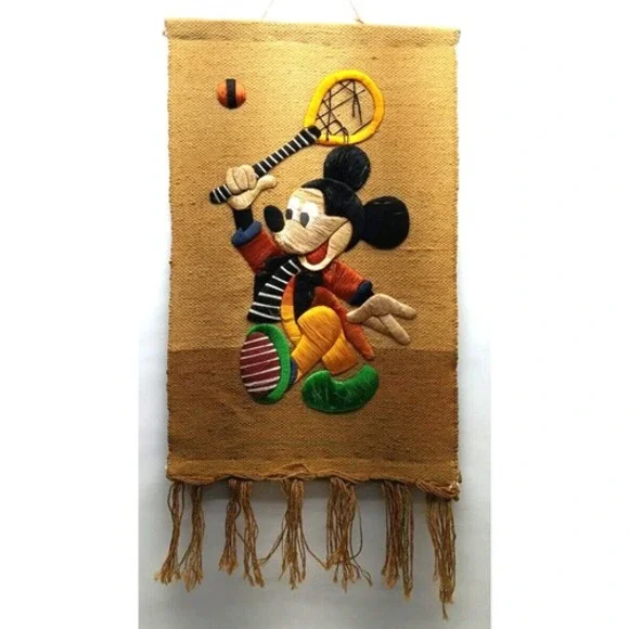 MICKEY MOUSE Woven Burlap Vintage‎ Wall Hanging Tapestry Embroidery Plays Tennis