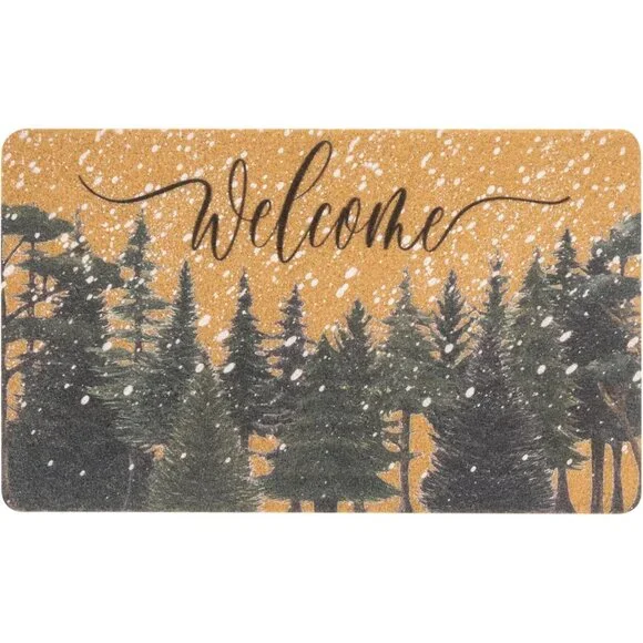 Festive 17x30” Outdoor Doormat, Faux Coir with Non-Slip Backing & Pine Trees