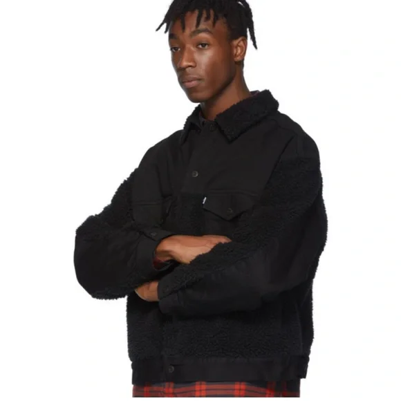 Levis Made and Crafted Black Oversized Sherpa Denim Trucker Jacket Pre-Owned L