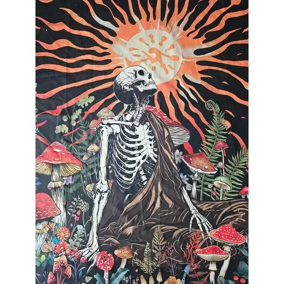 Unbranded Mushroom Skull Tapestry Banner Flowers Frog Colorful 59 X 51 Skeleton