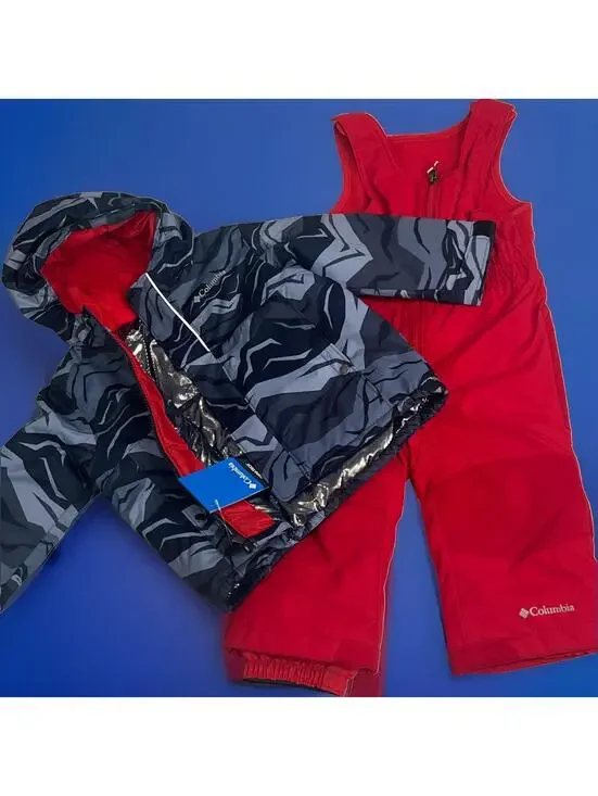 NWT Columbia WATERPROOF BUGA SNOW SET BLACK JACKET RED BIBS Pant 18-24 Mon