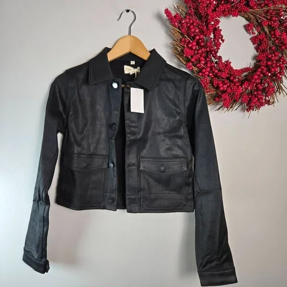 DL1961 Big Kid Girls' Manning Wax Coated Denim Jacket LARGE Black Long Sleeve