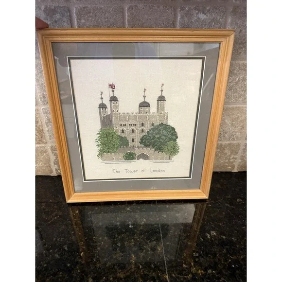 Vintage Framed Cross Stitch Tower‎ Of London 13.5x14 Wall Art UK Cottagecore