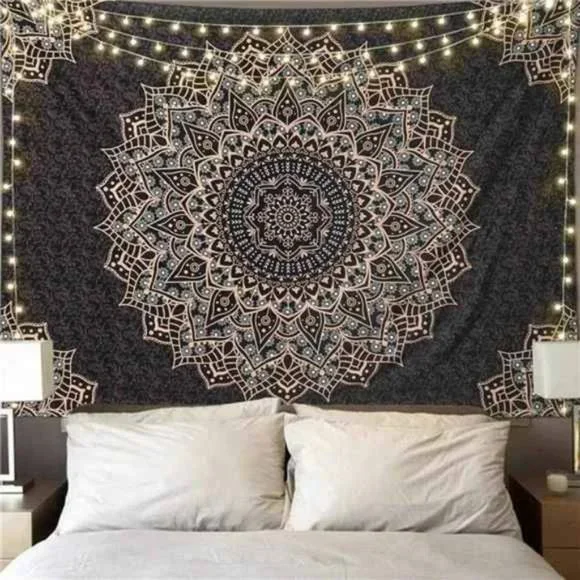 Black Mandala Tapestry WallHanging Psychedelic Aesthetic Indian Hippie WallDecor